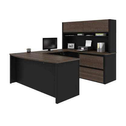 Bestar Connexion U-Shaped Executive Desk with Lateral File Cabinet and Hutch, 72W, Antigua & Black