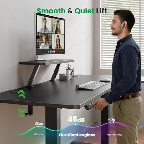 DeskShow L-Shaped Standing Desk - 63 Inch Adjustable Corner Standing Desk with Flexible Monitor Stand, Electric Sit Stand Computer Table with Memory Controller for Home Office DeskShow