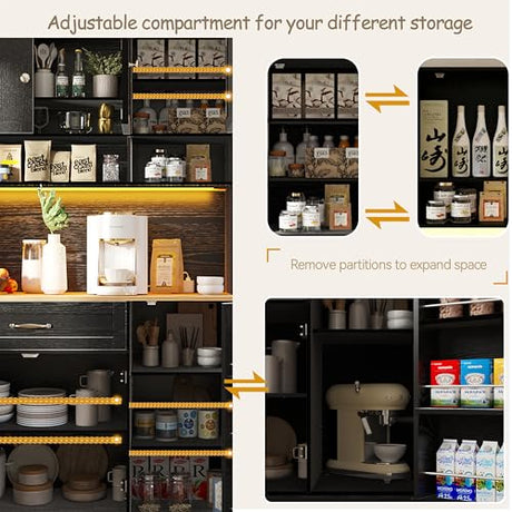 FJTJBSI 72" Kitchen Pantry Cabinet with LED Light and Charging Station Tall Pantry Storage Cabinet with Adjustable Shelves and Door Shelves Modern Kitchen Hutch with Countertop Black FJTJBSI