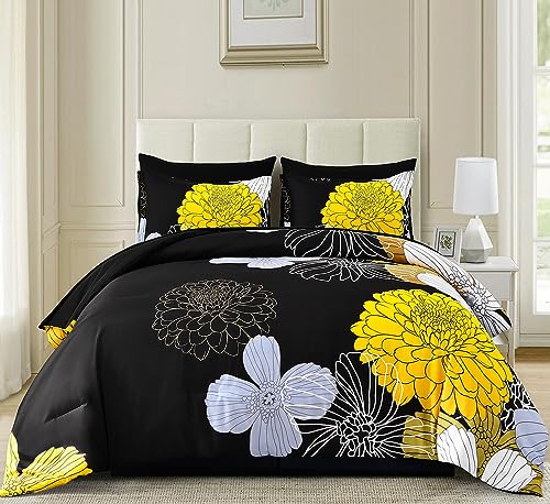 Black Yellow Comforter Set Full,Floral Bed in a Bag Comforter for All Season,7 Pieces(1 Comforter 1 Flat Sheet 1 Fitted Sheet 2 Pillowshams and 2 Pillowcases),Soft Microfiber Bedding Set 90" x78” Yiran