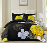 Black Yellow Comforter Set Full,Floral Bed in a Bag Comforter for All Season,7 Pieces(1 Comforter 1 Flat Sheet 1 Fitted Sheet 2 Pillowshams and 2 Pillowcases),Soft Microfiber Bedding Set 90" x78” Yiran