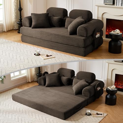KSTNLUXQ 79" Sofa Bed, Deep Seat 32" Sleeper Sofa, 5-in-1 Convertible Sofa Bed, Boneless Couch in a Box, Corduroy Floor Futon with Thickened backrest and Headrest Pillows, Side Pockets, Brown KSTNLUXQ