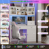 FACBOTALL Computer Desk with Hutch and RGB Lights, 65" Office Desk with Power Outlet, Makeup Vanity with 3 Doors & 3 Drawers, White Executive Desks for Home, Work and Study FACBOTALL
