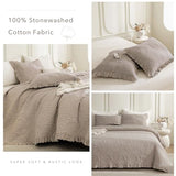 QSH 3PCs Linen Feel Oversized King Quilt Bedspread Set(120"x120"),Stonewashed Cotton Ruffled Quilt California King,Ultra Soft Lightweight Crinkle Shabby Bedspread Coverlet Bedding Set for All Seasons QSH