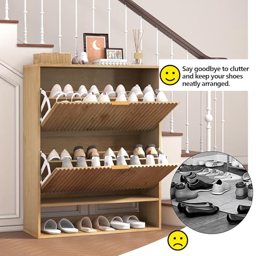 Takywep Fluted Shoe Cabinet Storage for Entryway with 2 Flip Drawers & Bottom Open Shelf, Narrow Shoe Rack Cabinet with Side Hooks, Freestanding Slim Shoe Organizer Cabinet for Foyer, Hallway, Oak Takywep