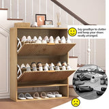 Takywep Fluted Shoe Cabinet Storage for Entryway with 2 Flip Drawers & Bottom Open Shelf, Narrow Shoe Rack Cabinet with Side Hooks, Freestanding Slim Shoe Organizer Cabinet for Foyer, Hallway, Oak Takywep