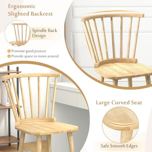 GOFLAME Windsor Dining Chairs Set of 4, Solid Wood Kitchen Chairs with Ergonomic Spindle Back, 400 LBS Weight Capacity, Farmhouse Armless Side Chairs for Dining Room, Living Room, Natural GOFLAME