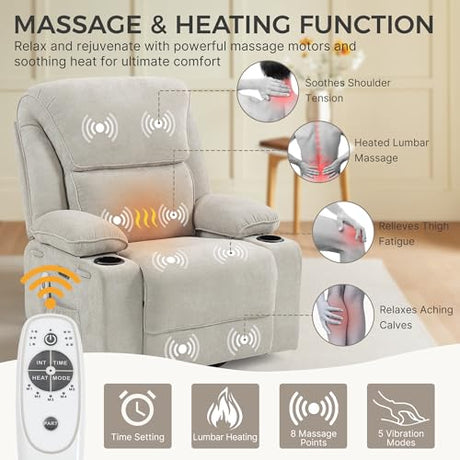 Recliner Chair Power Control, Nursery Reclining & Rocking Chair and Glider, Massage Swivel Living Room Furniture for Small Spaces, Bedroom, RVS, Lounge Sofa Chairs with USB & Type C Ports, Light Gray BRTHORY