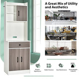 Giantex Pantry Organization and Storage, Tall Buffet Hutch Cabinet with Drawer Cabinet Shelf, High Cupboard Sideboard, Stationary Microwave Stand, Wood Countertop (White & Natural) Giantex