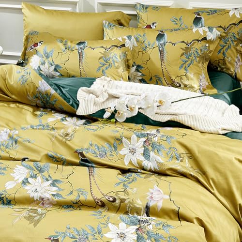 mixinni Garden Style Cotton Flowers and Birds Pattern Printed Duvet Cover Reversible Design Peacock Blue 3 Piece Bedding Duvet Set with Zipper Closure, Perfect for Him and Her-Queen Size mixinni