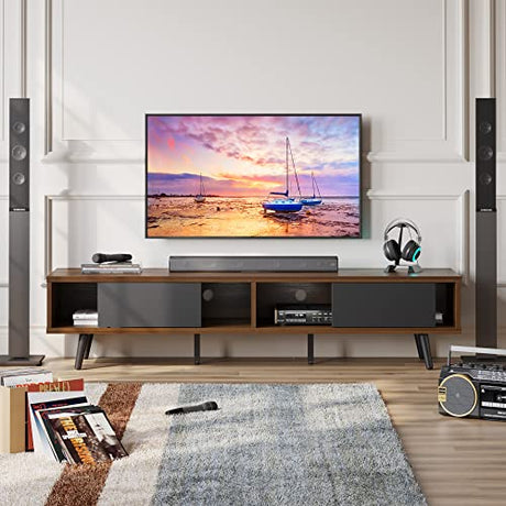 Bestier 70 inch Mid Century Modern TV Stand for 75 inch TV, Low Profile TV Stand with Storage, Entertainment Center for Living Room, Cord Management, Walnut Bestier