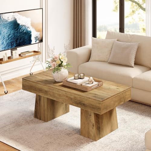 LITTLE TREE Farmhouse Coffee Table, 47 Inches Wooden Rectangular Accent Center Tables with Thick Base, Modern Low Cocktail Tea Furniture for Living Room (Rustic Brown) LITTLE TREE