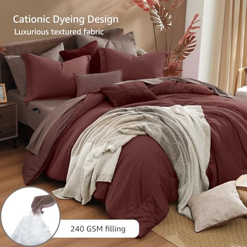 Monbix Queen Comforter Set - 7 Pieces Cationic Dyeing Dark Red Bed in a Bag Queen Bedding Sets with Comforter, Sheets, Pillowcases & Shams, Reversible Bedding Comforters Sets Monbix
