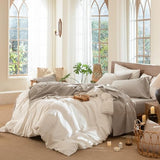 MooMee Bedding Sheet Set 100% Washed Cotton Linen Like Textured Breathable Durable Soft Comfy (Heathered Tannish Linen Grey, Twin) MooMee