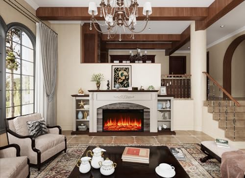 80" Electric Fireplace with Mantel, Fireplace TV Stand for TVs Up to 90 Inch, Realistic Stacked Stone Surround with Remote Control Timer LED Flame for Living Room(Antique White) BLANKSPACE