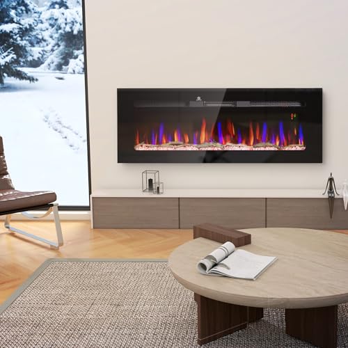 HOMCOM 50" Electric Fireplace Recessed and Wall Mounted with Remote Control, 1500W Fireplace Heater with 8H Timer, Adjustable Flame Color and Brightness, Log and Crystal HOMCOM