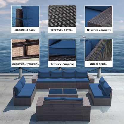 Gotland 12 Pieces Patio Furniture Set Outdoor Sectional Wicker Furniture All-Weather PE Rattan Patio Conversation Sets w/10 Replaceable Navy Waterproof Cushions and 2 Coffee Table - WoodArtSupply