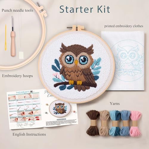 Harimau Punch Needle Kit Owl Pattern,1Pc Embroidery Hoop, Essential Punch Needle Supplies,Ideal Punch Art for Beginners,DIY Adults Embroidery, Video Teaching