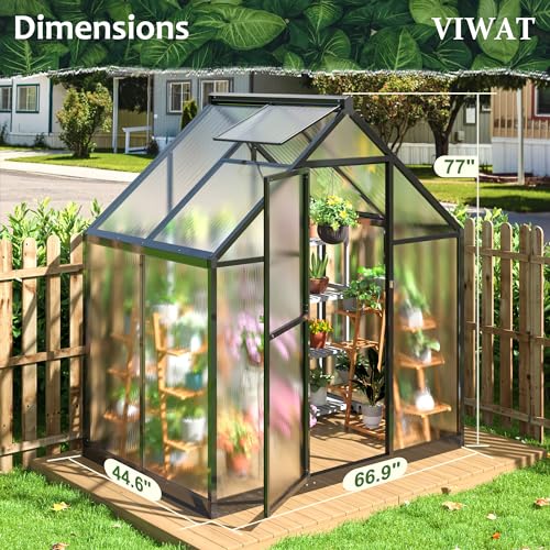 VIWAT 4x6 FT Greenhouse for Outdoors, Polycarbonate Greenhouse with Quick Setup Structure and Roof Vent, Aluminum Large Walk-in Greenhouse for Outside Garden Backyard, Black VIWAT