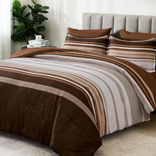 Dobuyly Brown Comforter Queen Size 7 Pieces, Boho Striped Bed in a Bag Set, Soft Microfiber Bedding Set with Comforter, Sheets, Pillowcases & Shams Dobuyly