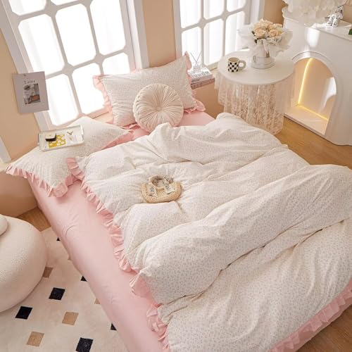AMZTOP Princess Twin XL Duvet Cover Pink Floral 100% Cotton with Ruffle, Coquette Bedding, Teen Girls Romantic Comforter Cover with Zipper Closure, 3 Pcs Floral Aesthetic Bedding Sets 68"x90" AMZTOP