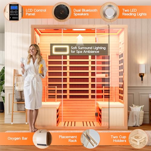 Albott Infrared Sauna 4 Person, Infrared Saunas for Home, Low EMF 2145W/110V/20A Hemlock Wood Dry Sauna with Tourmaline Foot Warmer, 7-Color Light Therapy & Ambient Light Strips, 63.2"x47.2"x75.2" Albott