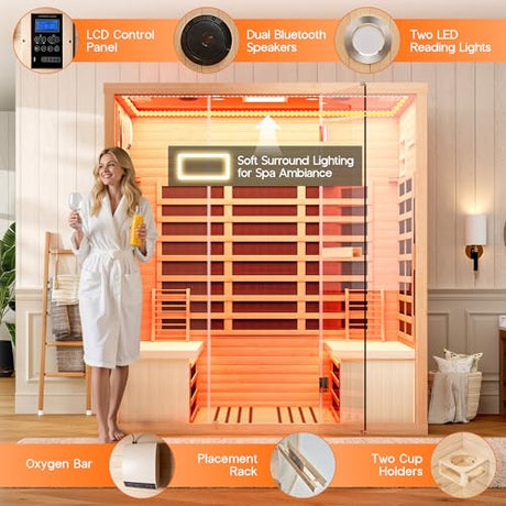 Albott Infrared Sauna 4 Person, Infrared Saunas for Home, Low EMF 2145W/110V/20A Hemlock Wood Dry Sauna with Tourmaline Foot Warmer, 7-Color Light Therapy & Ambient Light Strips, 63.2"x47.2"x75.2" Albott