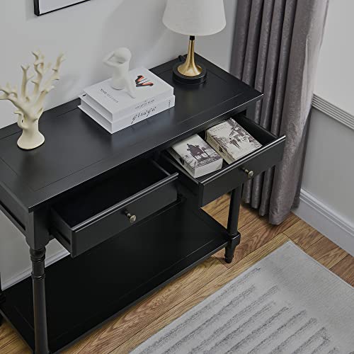 Entry Console Table with 2 Storage Drawers and Open Shelf, Traditional Console Table with Solid Wood leg, Foyer Tables for Entryway, Hallway, Blank Wall, 35.4”L x 13.8”W x 30.1”H, BlacK SFZ004BK VERDANTREE