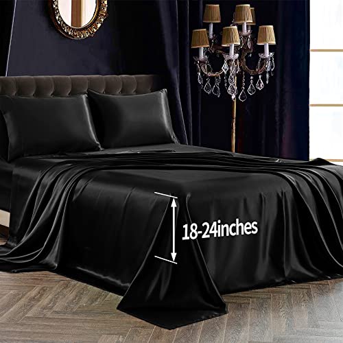 SiinvdaBZX 4Pcs Extra Deep Pocket Satin Sheet Set Queen Size, Ultra Silky Soft Black Satin Queen Bed Sheets Deep Fitted Sheet Set Fits 18-24 Inch Deep Pocket Mattress SiinvdaBZX