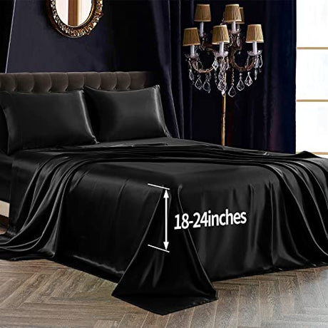 SiinvdaBZX 4Pcs Extra Deep Pocket Satin Sheet Set Queen Size, Ultra Silky Soft Black Satin Queen Bed Sheets Deep Fitted Sheet Set Fits 18-24 Inch Deep Pocket Mattress SiinvdaBZX