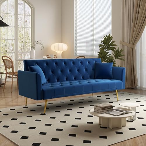KEIKI 72" Futon Sofa Bed, 2-in-1 Loveseat, Velvet Upholstered Couches for Living Room, Sofa Sleeper for Small Space, Small Apartment Friendly Modern Home Soft Comfortable Folding Bed, Blue KEIKI