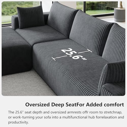 Domiqut 108”Modern Modular L-Shape Couch with Chaise, Modular Sectional Couches for Living Room, Deep Seat Boneless Sofa Bed, No Assembly Required Sleeper Sofa, Plush Corduroy Fabric, Dark Gray Domiqut