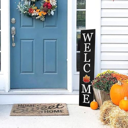 Interchangeable Welcome Sign for Front Porch- 45"X9" Large Standing/Hanging Wooden Sign with 12 PCS Replaceable Icons for Farmhouse Harvest Fall Halloween Thanksgiving Porch Wall Yard Decorations (Black)