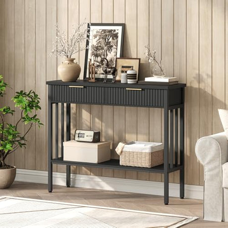 MAHANCRIS Console Table, Narrow Long Entry Table with Storage Shelf, 2-Tier Fluted Entryway Table with 2 Drawers, for Entryway, Living Room, Foyer, Hallway, Office, Black CTHB5101 MAHANCRIS