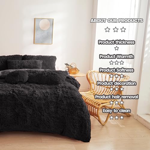 FOPPA Fluffy Black comforters Cover Twin Size - Ultra Soft Plush Bedding Sets 2 Pieces (1 Faux Fur Comforter Cover + 1 Fuzzy Pillow case) Girls Shaggy Bed Set (Black, Twin) FOPPA