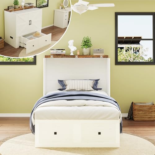 LUXOAK Twin Murphy Bed with Built-in Charging Station and Storage Drawer, Farmhouse Foldable Cabinet Bed for Guest Room, Apartment or Home Office, White LUXOAK
