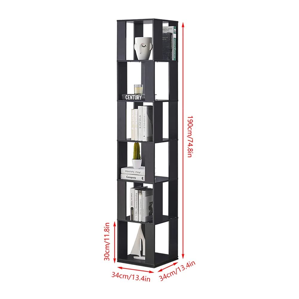 Rotating Bookshelf,6 Tier 360 Floor Standing Revolving Bookcase Storage Rack,Wood Narrow Bookshelf for Small Space,Corner Book Shelf Organizer for Bedroom, Living Room (Black)