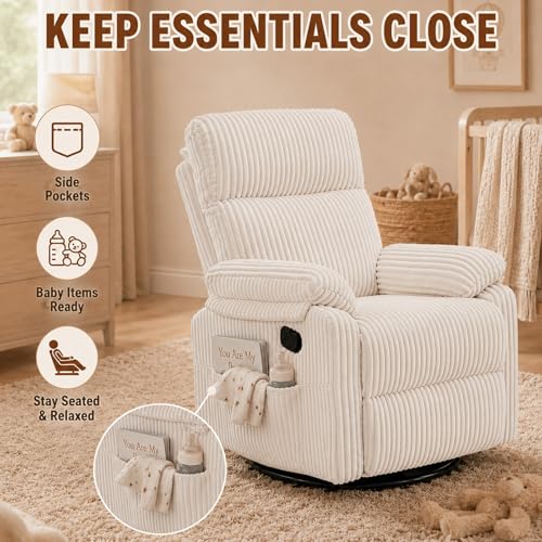 Beige Rocking Chair Nursery Recliners, Small Recliner Rocking Chair for Small Spaces, Manual Swivel Glider Recliner for Living Room Bedroom Office, Corduroy，Adjustable Backrest & Footrest (Beige)