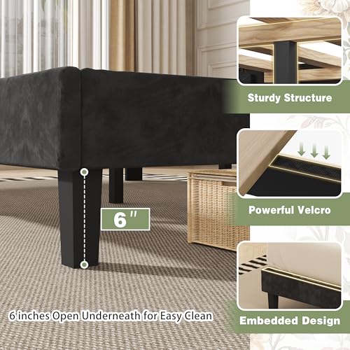 SUNLEI Queen Size Bed Frame with Tufted Button and Velvet Fabric, Bed Frame with Wingback Storage Headboard, Strong Wood Slats, Easy Assembly, No Box Spring Needed, Black SUNLEI
