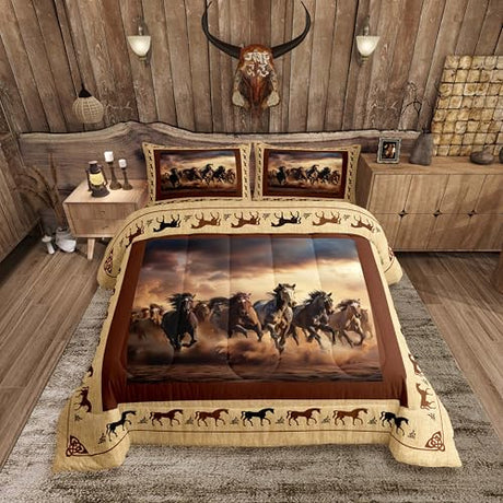 Feelyou Horse Comforter Set King Size Galloping Horse Comforter for Boys Kids Teens Western Decor Cute Animal Bedding Set Kawaii Farm Cowboy Brown Duvet Set Room Decor Quilt Set Feelyou