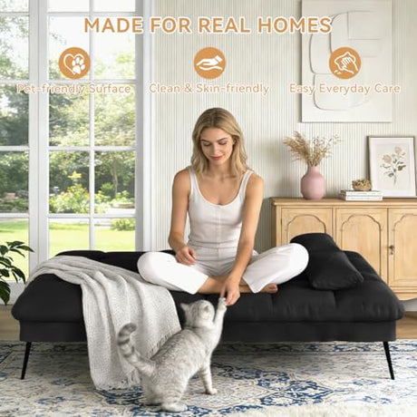COMHOMA 72″Futon Sofa Bed,Modern Convertible Sleeper Sofa, Fabric Futon Couch with Multi-Position Backrest for Living Room Furniture (Black) COMHOMA