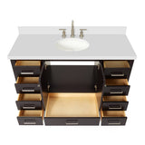ARIEL Bathroom Vanity 55" Inch with Pure White Quartz Countertop and Oval Sink in Espresso, 2 Soft Closing Doors, 9 Full Extension Dovetail Drawers, with Backsplash, No Mirror ARIEL