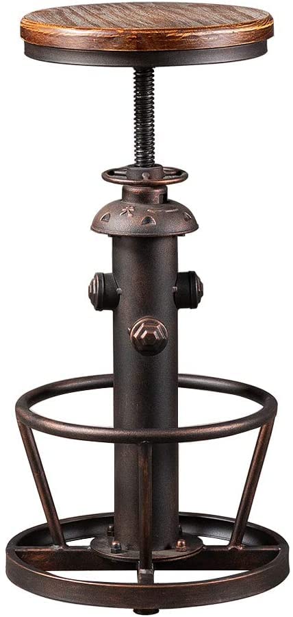BOKKOLIK Vintage Swivel Bar Stool Industrial Coffee Kitchen Dining Chair Fire Hydrant Design Height Adjustable 24.8-30.7inch Solid Wooden Seat BOKKOLIK