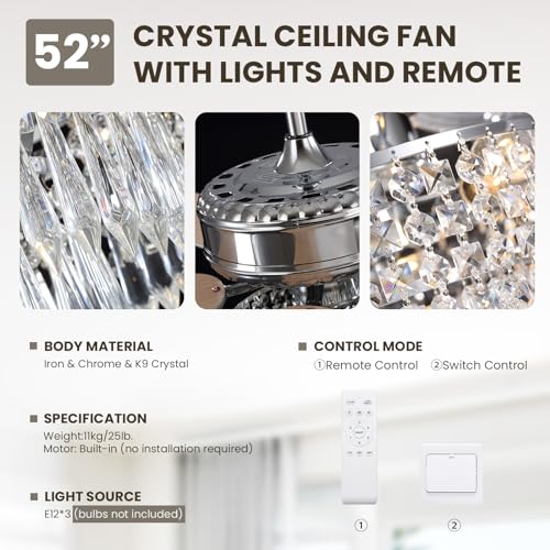 Moooni 52 Inch Modern Crystal Ceiling Fan with Lights and Remote, Elegant Chandelier Fan Light KIt Fandelier with 5 Wooden Blades for Bedroom Living Room Silver Moooni