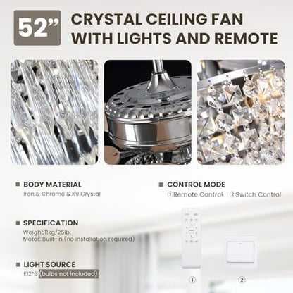 Moooni 52 Inch Modern Crystal Ceiling Fan with Lights and Remote, Elegant Chandelier Fan Light KIt Fandelier with 5 Wooden Blades for Bedroom Living Room Silver - WoodArtSupply