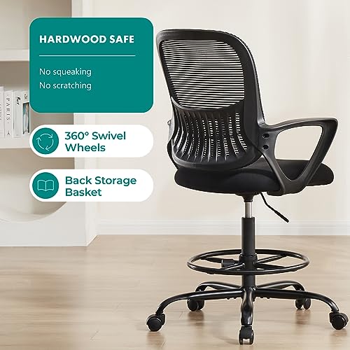 DUMOS Drafting Chair - Counter Height Adjustable Tall Office Desk Chair with Fixed Armrests and Comfortable Lumbar Support for Standing Desk, Deep Black DUMOS