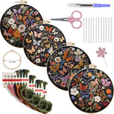 SCECALA 4 Pack Butterfly Floral Embroidery Kit - Flower Butterfly Hand Embroidery Kit for Beginners with Pattern, Complete Cross Stitch Supplies DIY Craft for Adults Sewing Hobby, 1pc Hoops