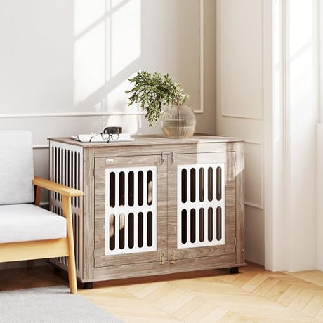 PawHut Dog Crate Furniture, 39" Dog Kennel Side Table with 2 Doors, Adjustable Non-Slip Foot Mats, Decorative Pet Cage for Large Dogs, Walnut Brown PawHut
