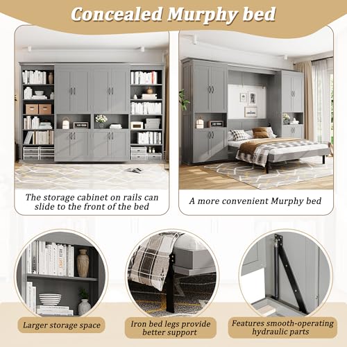 XD Designs Modern Full Murphy Bed with Dual Sliding Doors Storage Cabinets, Wood Hidden Wall Bed with Dual 6-Tier Side Shelves, Large-Capacity Space-Saving (Gray-12.9) XD Designs