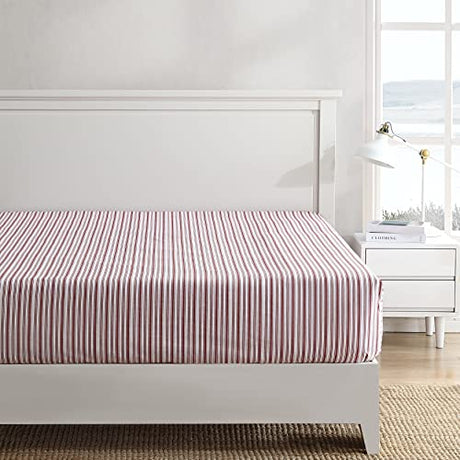 Nautica - Twin Fitted Sheet, Crisp Cotton Percale Bedding, Single Ply Woven, Lightweight for Year Round Use, Oeko-Tex Certified (Coleridge Stripe Red) Nautica